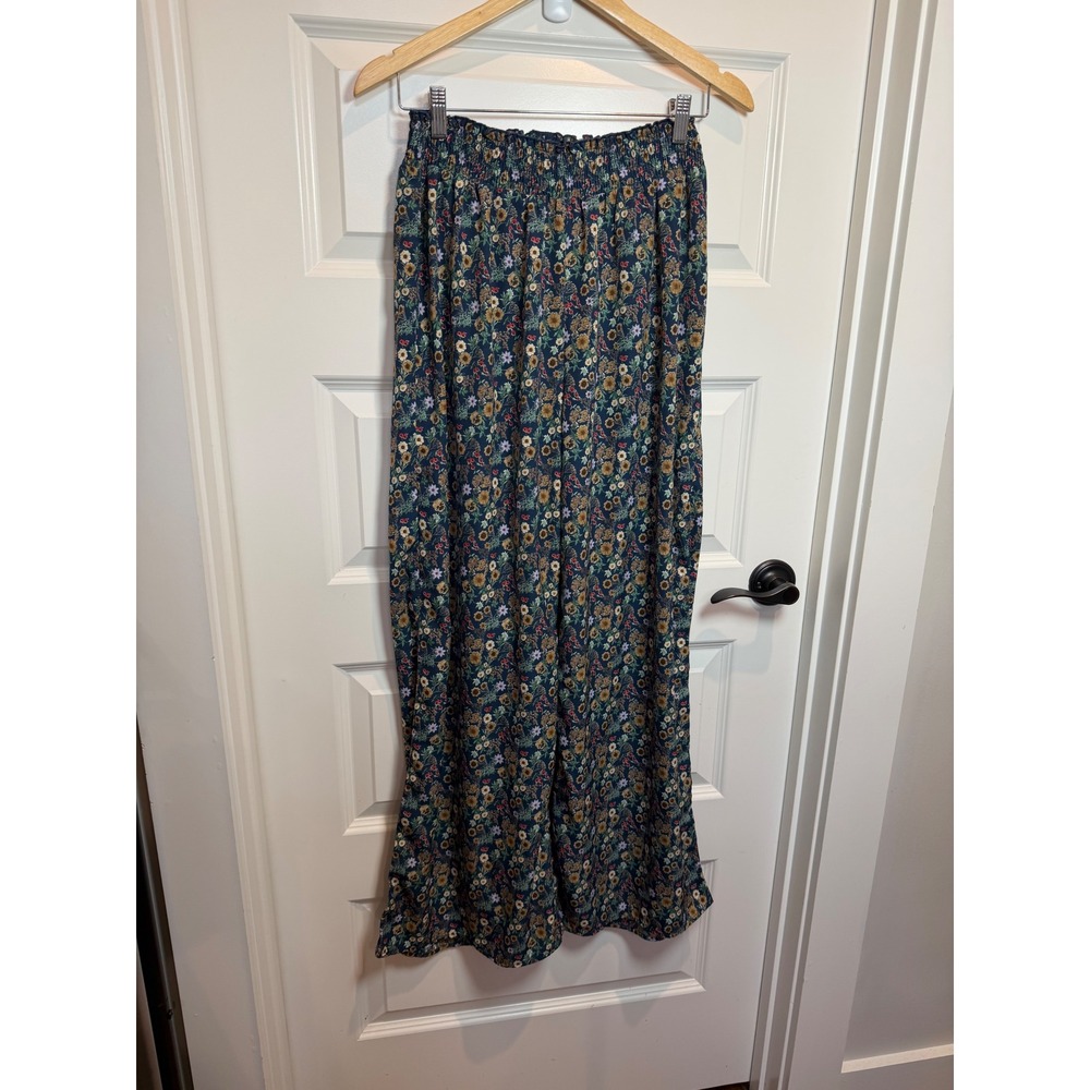 Pink Lily Floral Wide Leg Smocked Waist Pants Navy Blue CL28543 Small Fall